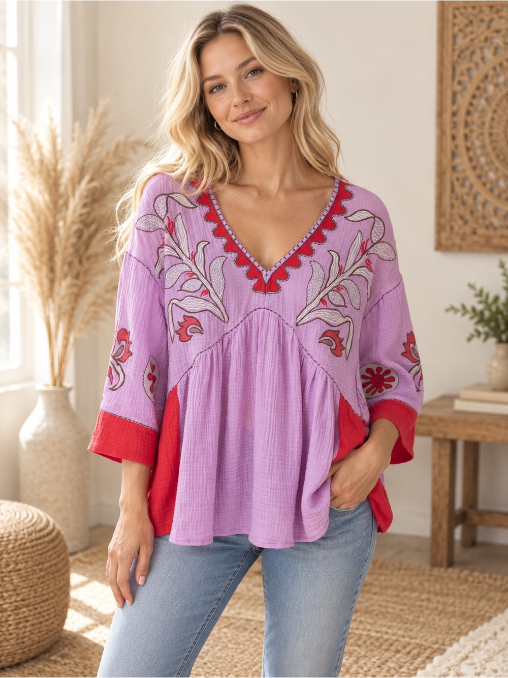 easel Lavender Peasant Top with Red Embroidered Accents Boho Aesthetic